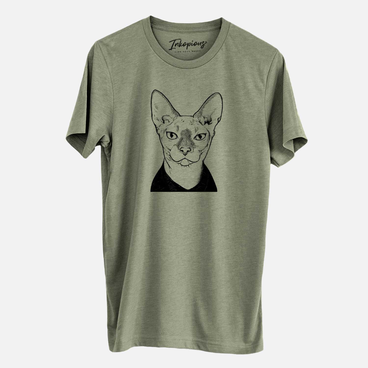 Hand-drawn sketch of Oliver Watson the Sphynx Cat on an Unisex crewneck