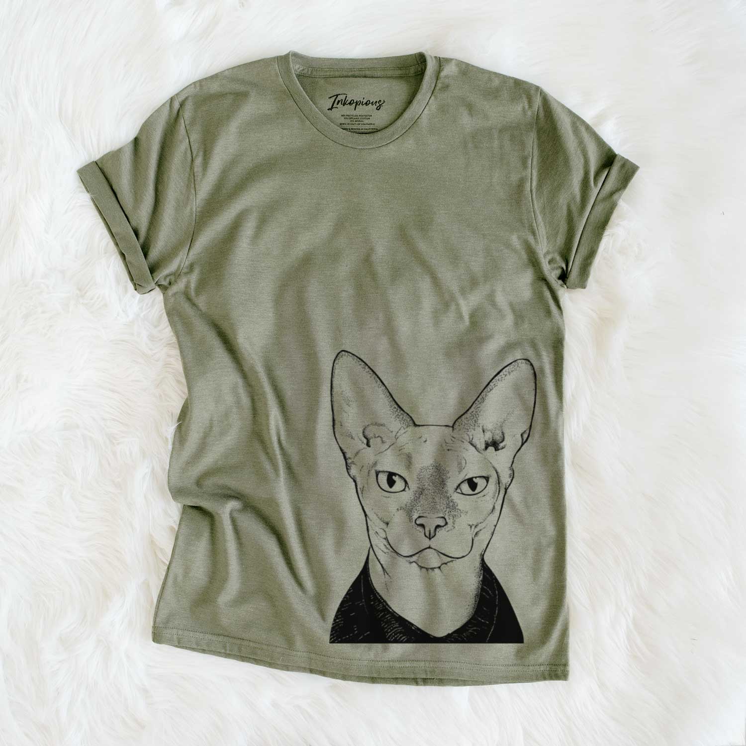 Hand-drawn sketch of Oliver Watson the Sphynx Cat on an Unisex crewneck