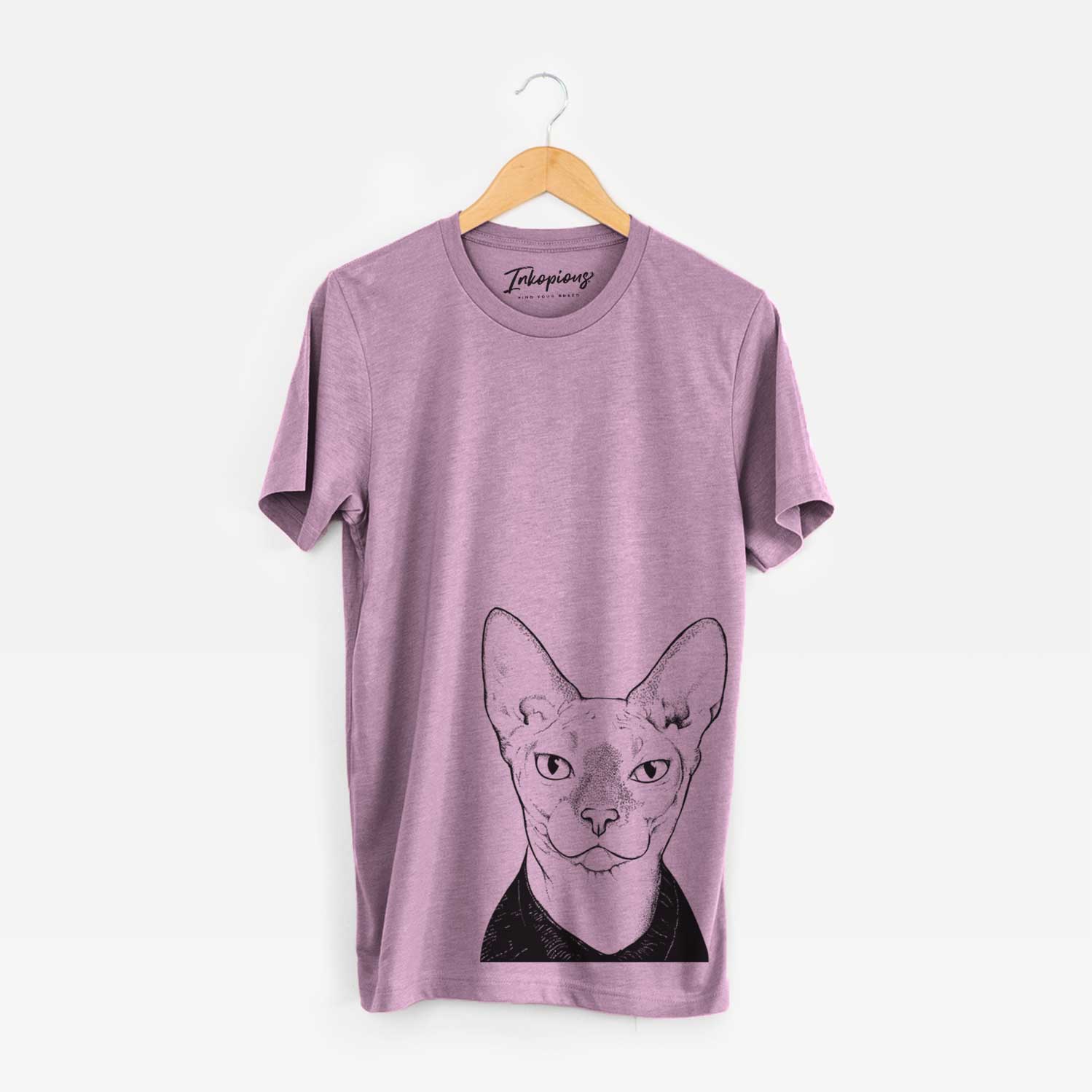 Hand-drawn sketch of Oliver Watson the Sphynx Cat on an Orchid Unisex crewneck
