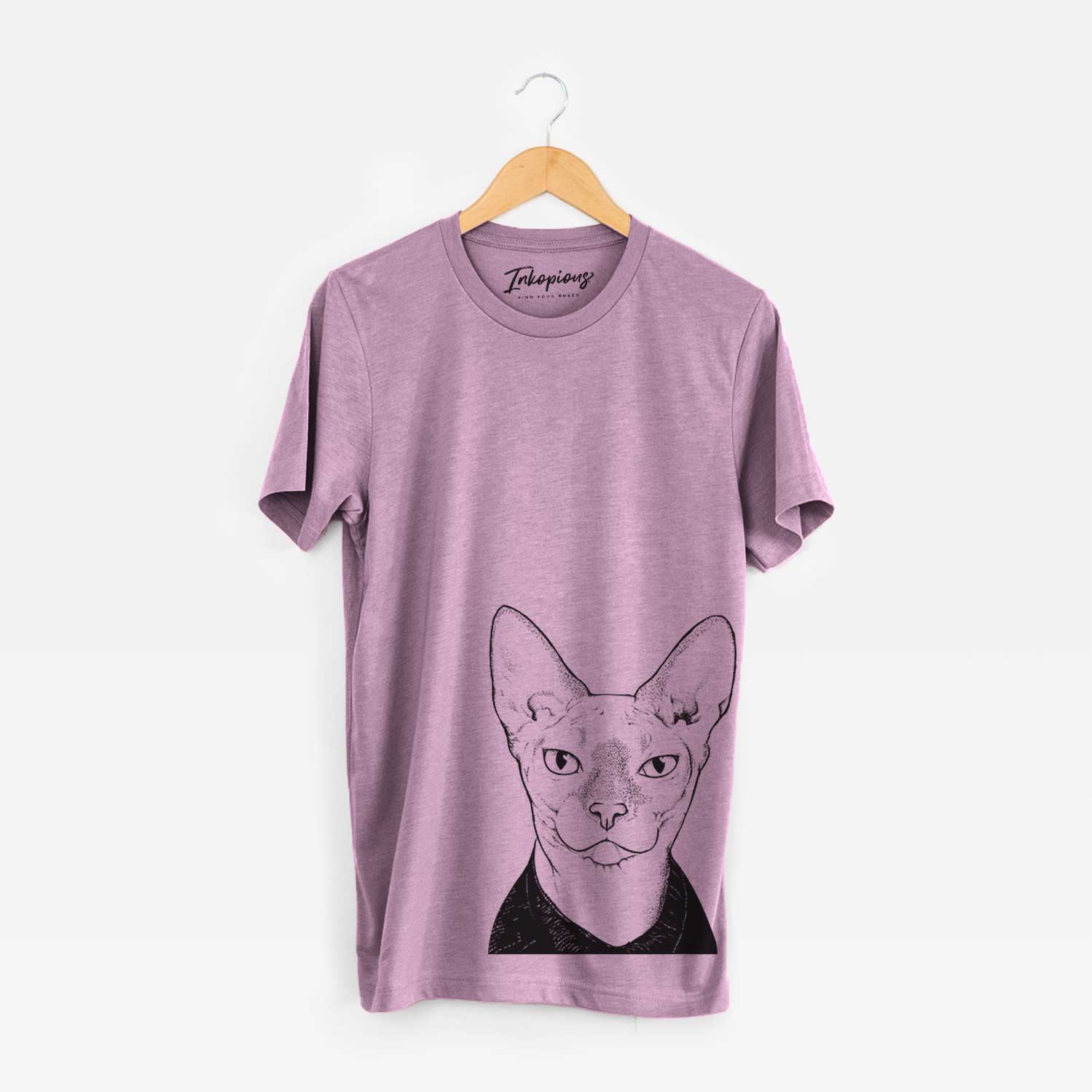 Hand-drawn sketch of Oliver Watson the Sphynx Cat on an Orchid Bella Canvas Unisex Crewneck
