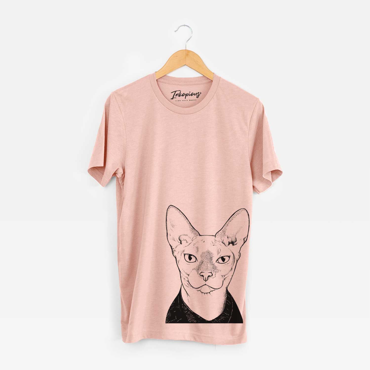 Hand-drawn sketch of Oliver Watson the Sphynx Cat on a Peach Bella Canvas Unisex Crewneck