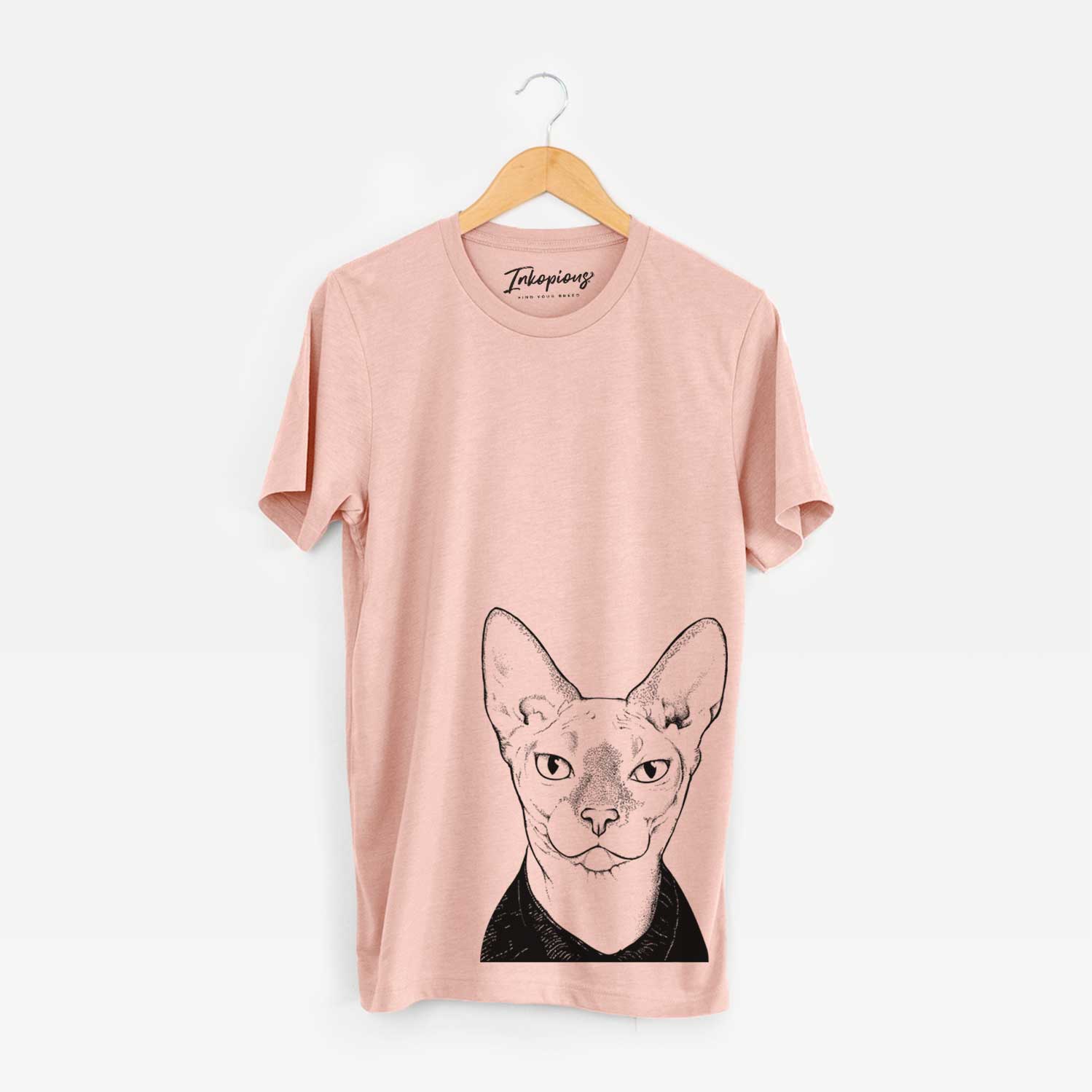 Hand-drawn sketch of Oliver Watson the Sphynx Cat on a Peach Unisex crewneck