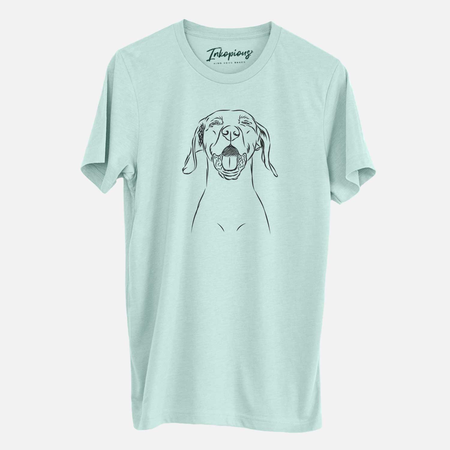 Hand-drawn sketch of Ollie the Vizsla on a Heather Sage Unisex crewneck
