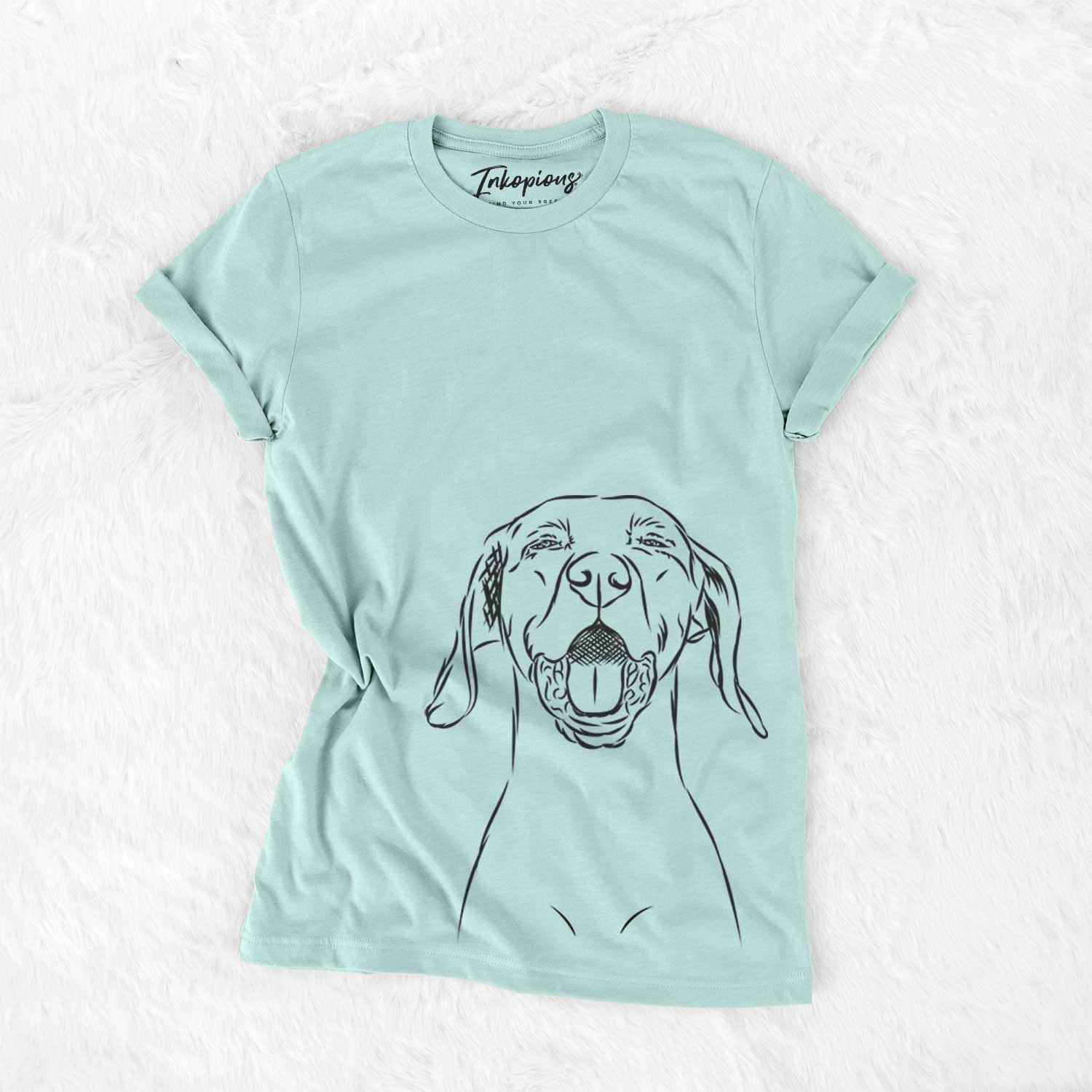 Hand-drawn sketch of Ollie the Vizsla on a Heather Sage Bella Canvas Unisex Crewneck