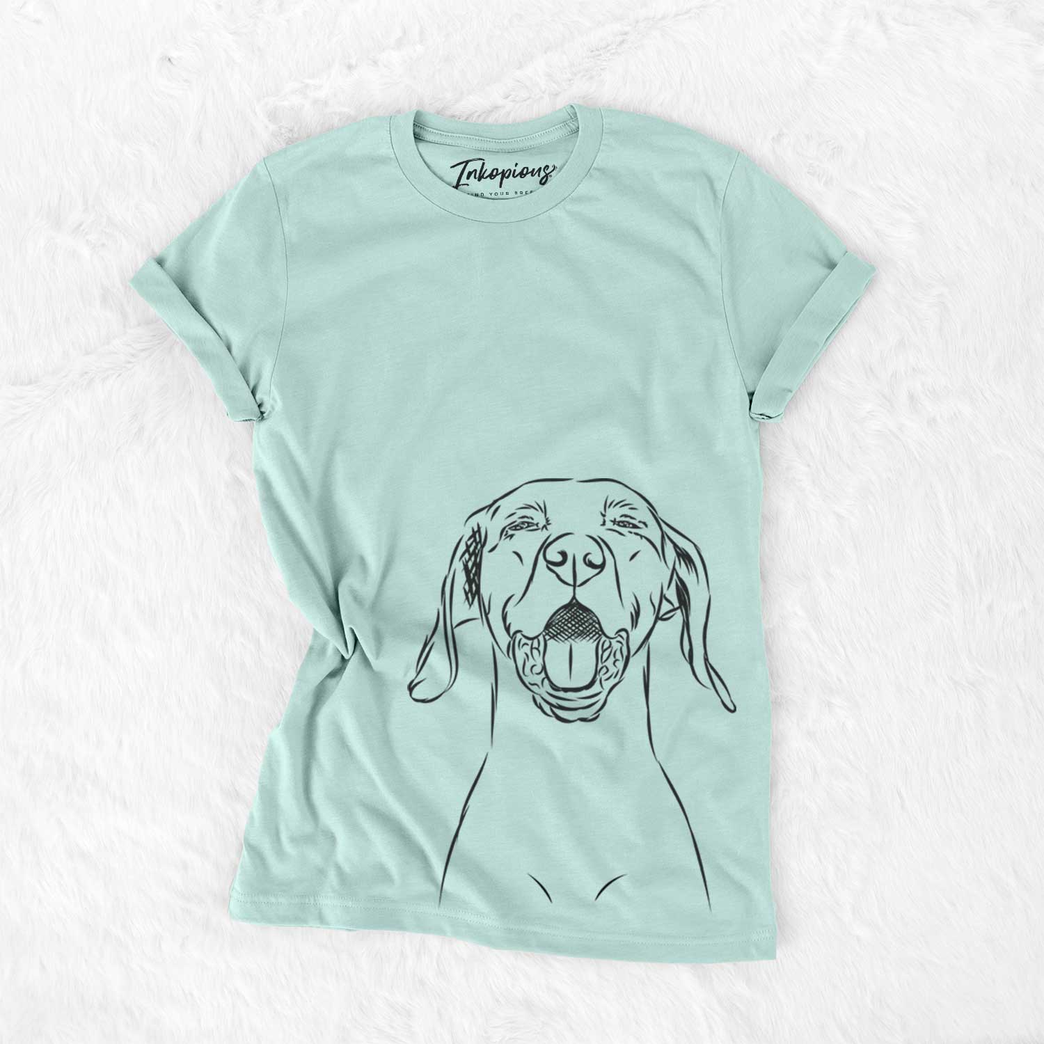 Hand-drawn sketch of Ollie the Vizsla on a Heather Sage Unisex crewneck