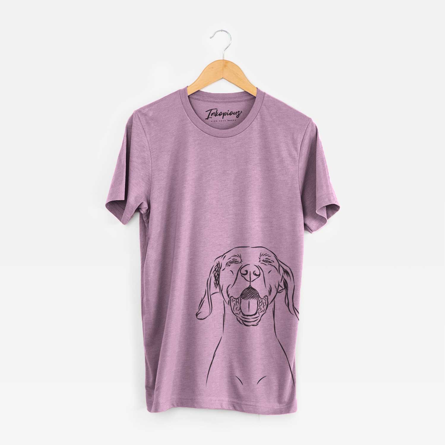 Hand-drawn sketch of Ollie the Vizsla on an Orchid Bella Canvas Unisex Crewneck