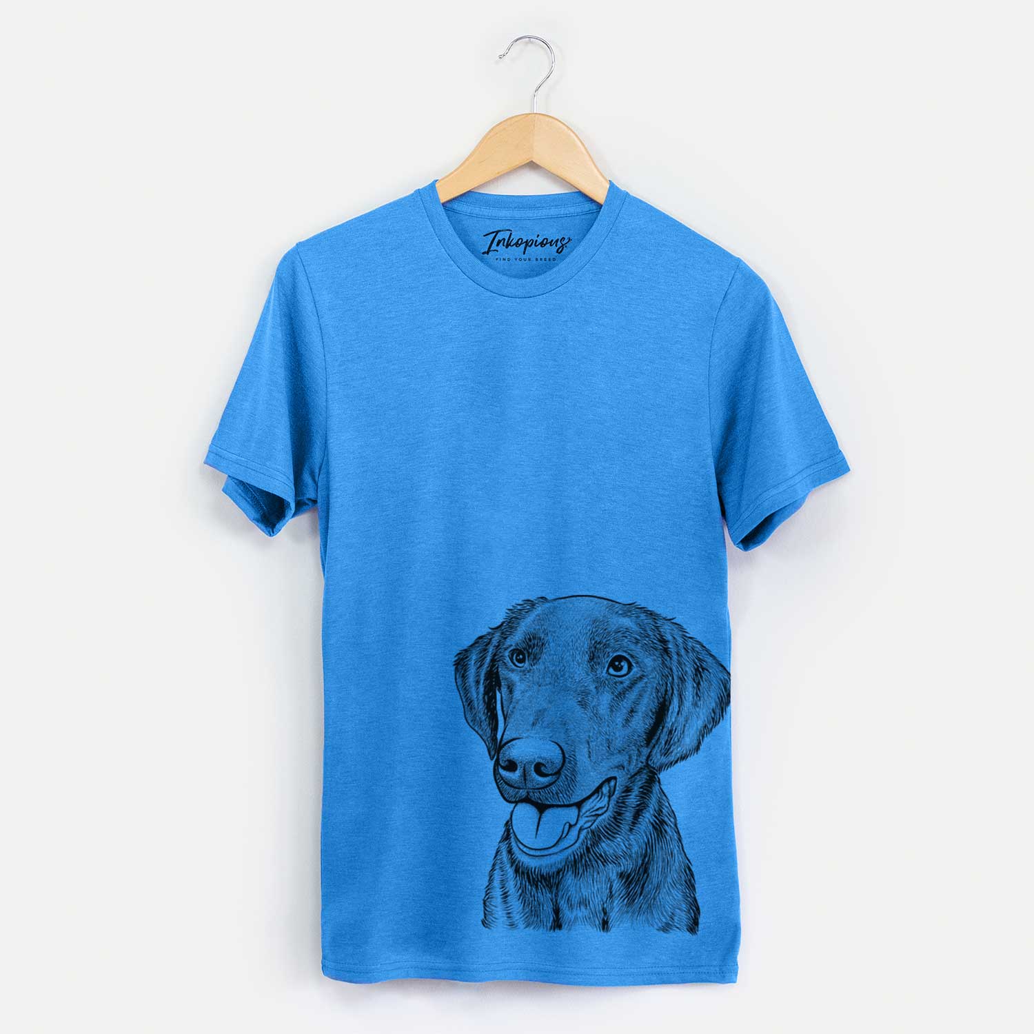 Hand-drawn sketch of Onyx the Labrador Retriever on a Blue Unisex crewneck