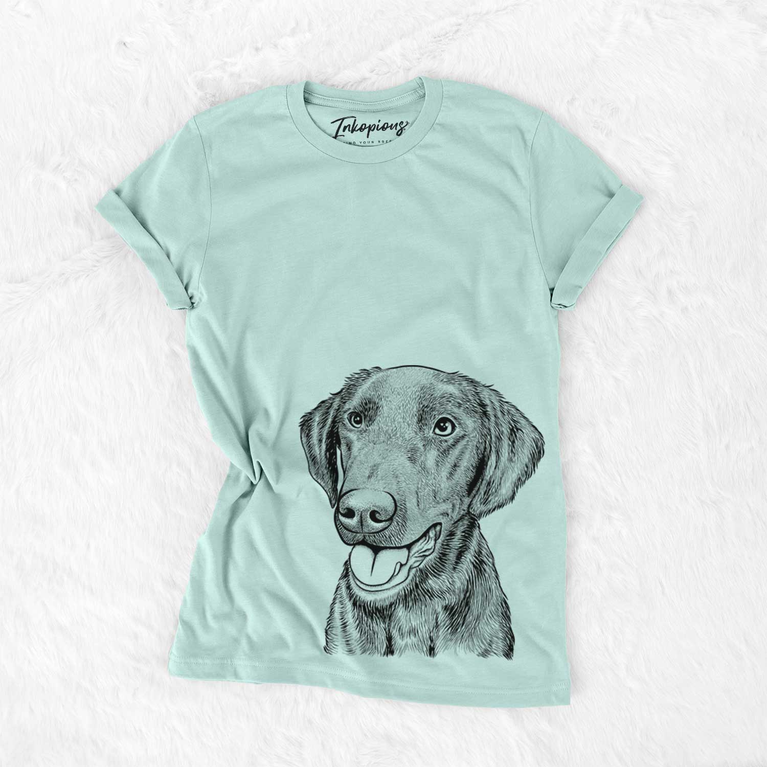 Hand-drawn sketch of Onyx the Labrador Retriever on a Heather Sage Unisex crewneck