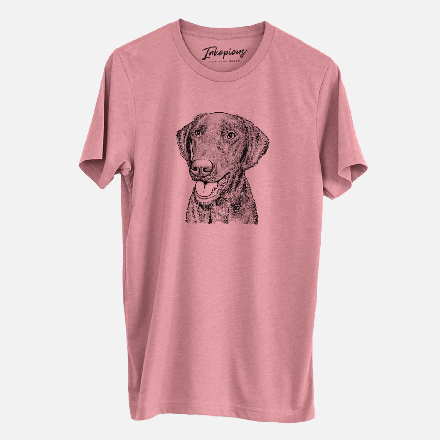 Hand-drawn sketch of Onyx the Labrador Retriever on a Mauve Unisex crewneck