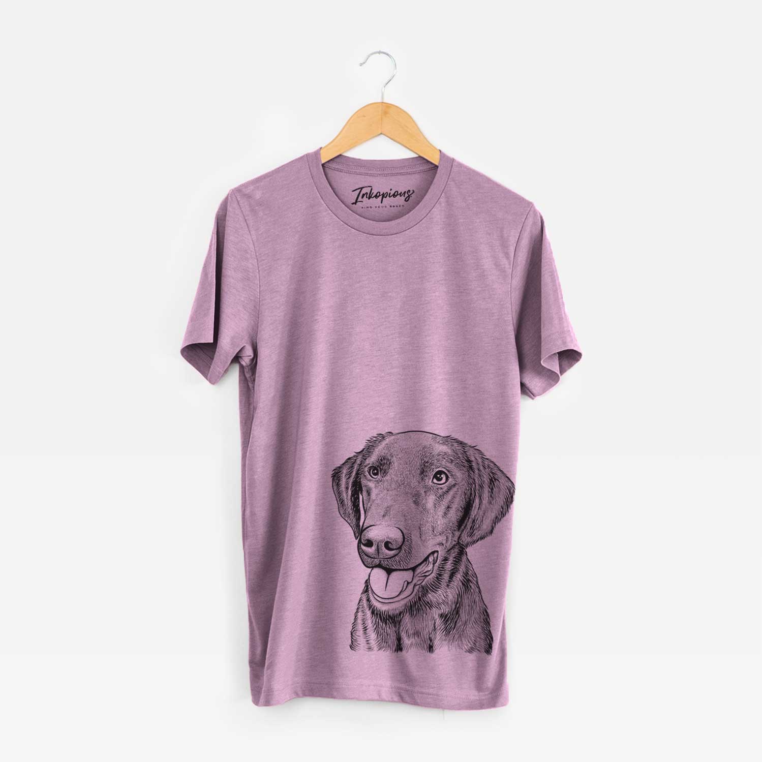 Hand-drawn sketch of Onyx the Labrador Retriever on an Orchid Unisex crewneck
