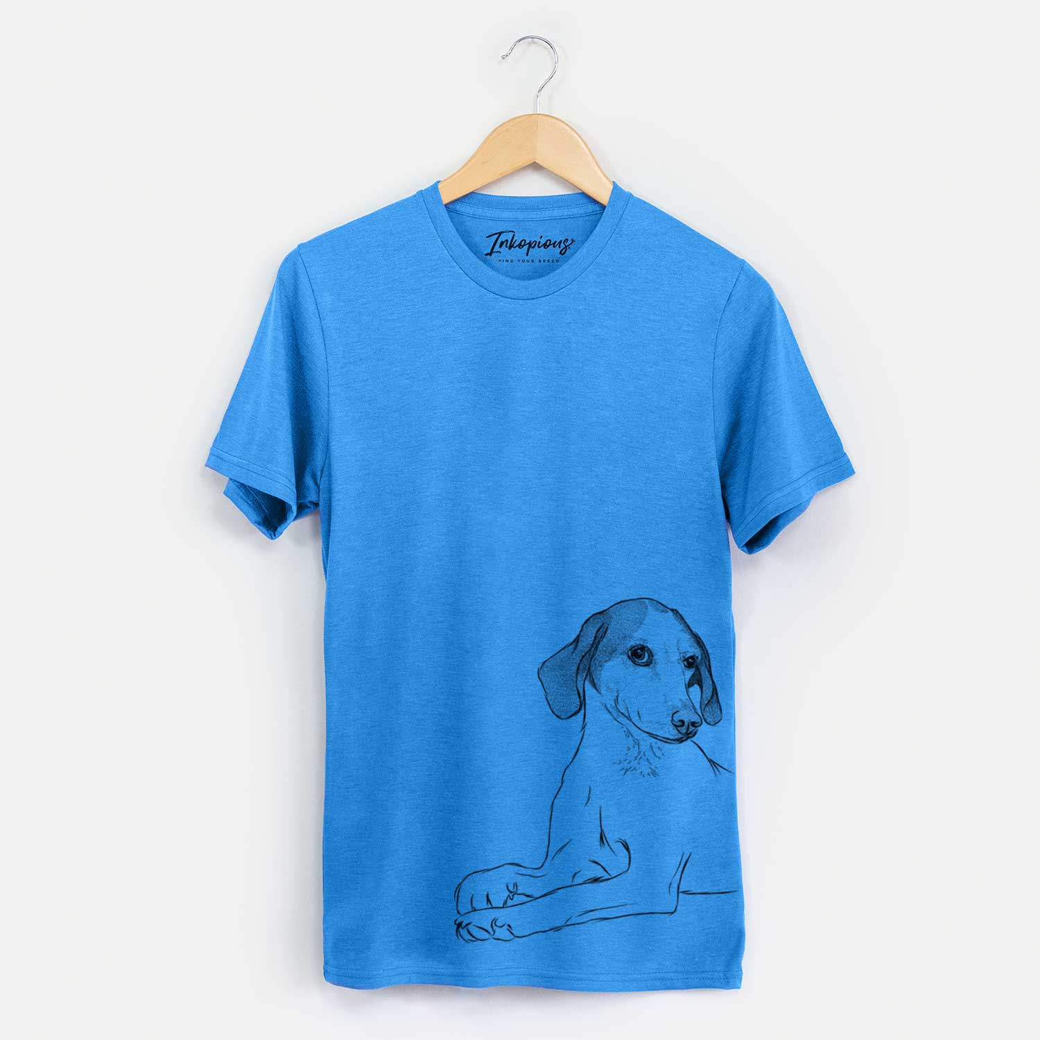Hand-drawn sketch of Opie the Foxhound on a Blue Unisex crewneck