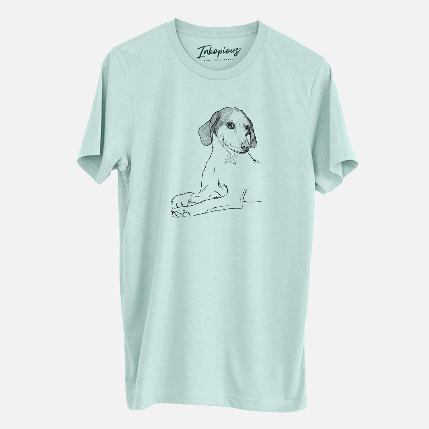 Hand-drawn sketch of Opie the Foxhound on a Heather Sage Unisex crewneck