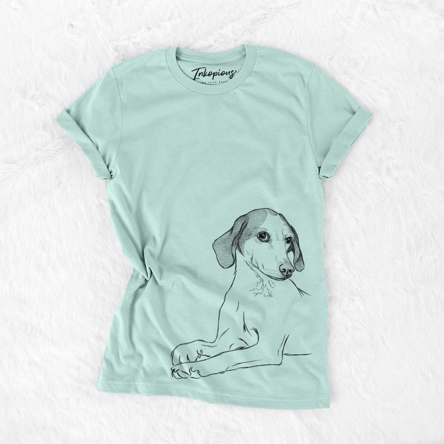 Hand-drawn sketch of Opie the Foxhound on a Heather Sage Unisex crewneck