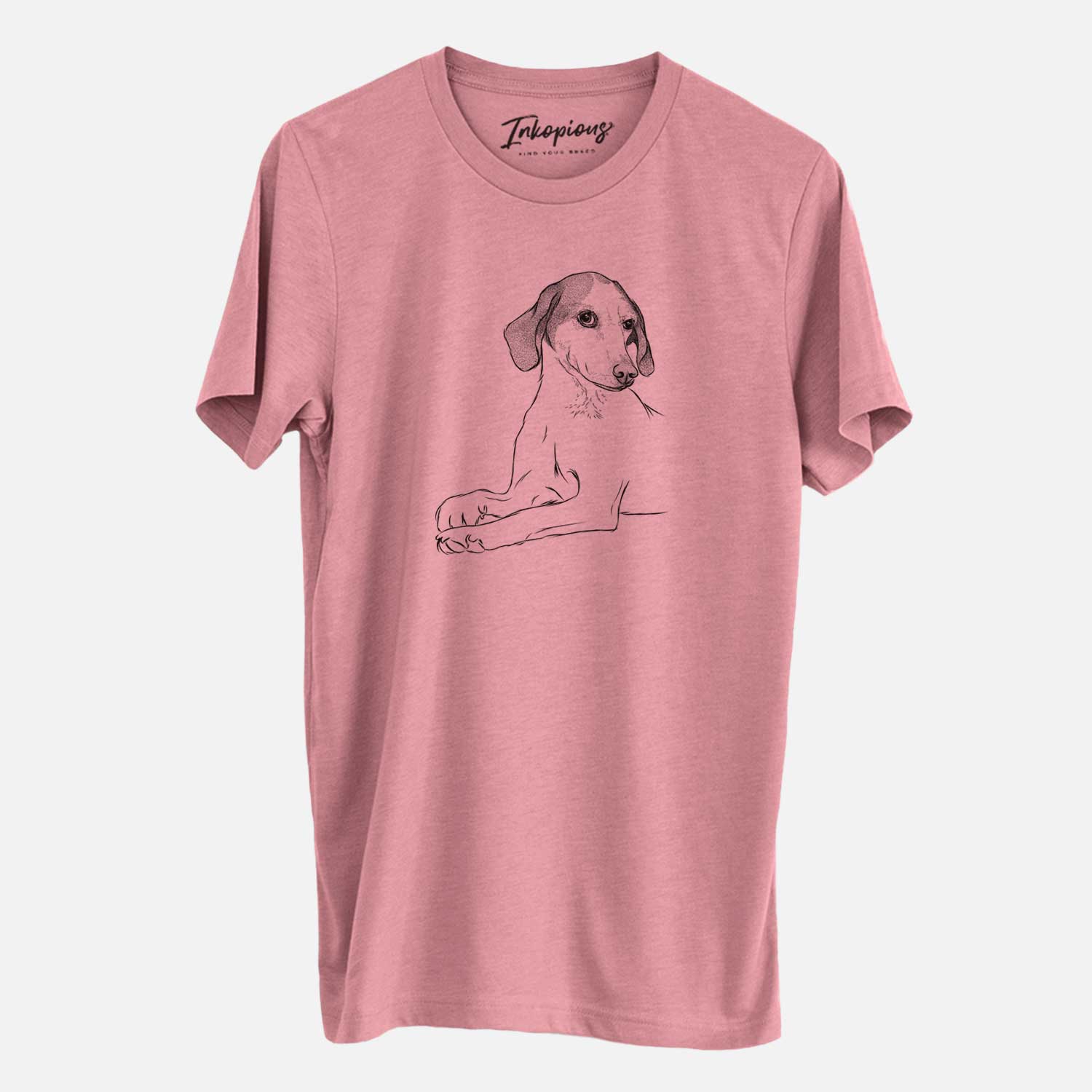 Hand-drawn sketch of Opie the Foxhound on a Mauve Unisex crewneck