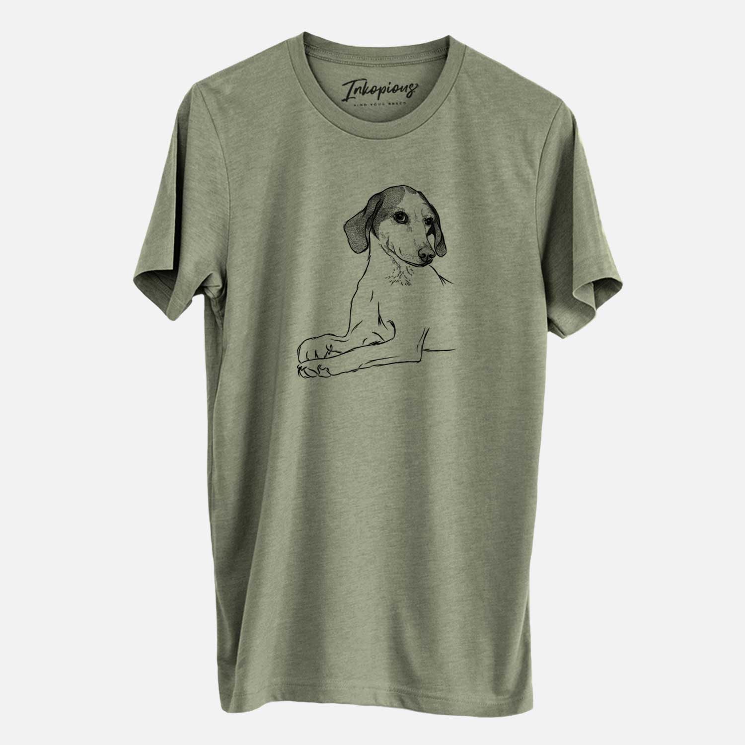 Hand-drawn sketch of Opie the Foxhound on an Olive Unisex crewneck