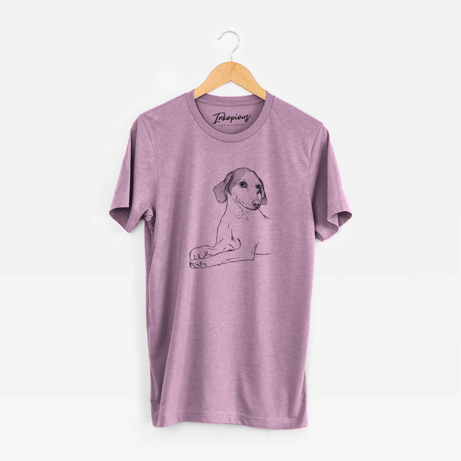 Hand-drawn sketch of Opie the Foxhound on an Orchid Unisex crewneck