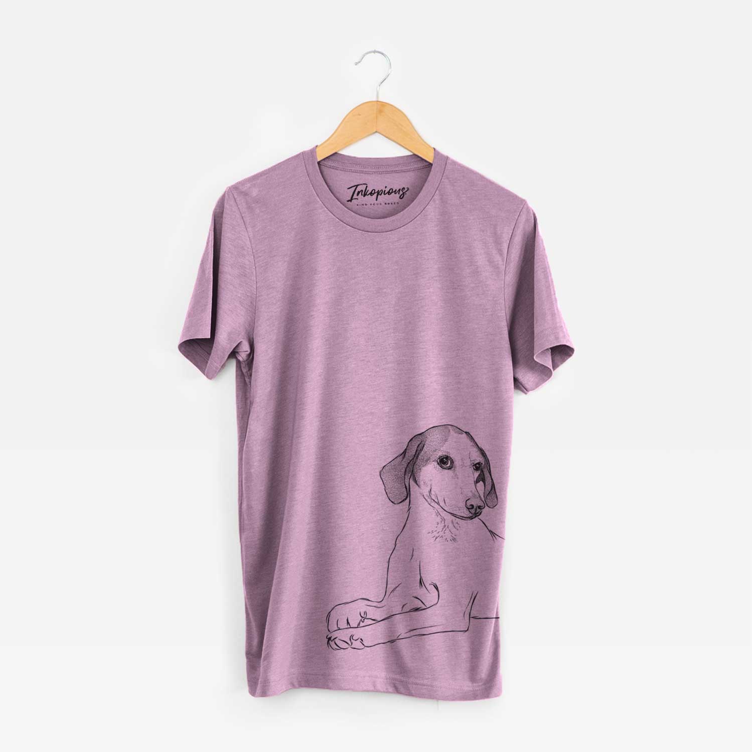 Hand-drawn sketch of Opie the Foxhound on an Orchid Unisex crewneck
