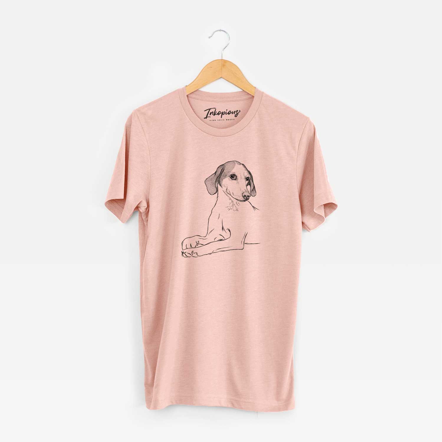 Hand-drawn sketch of Opie the Foxhound on a Peach Unisex crewneck