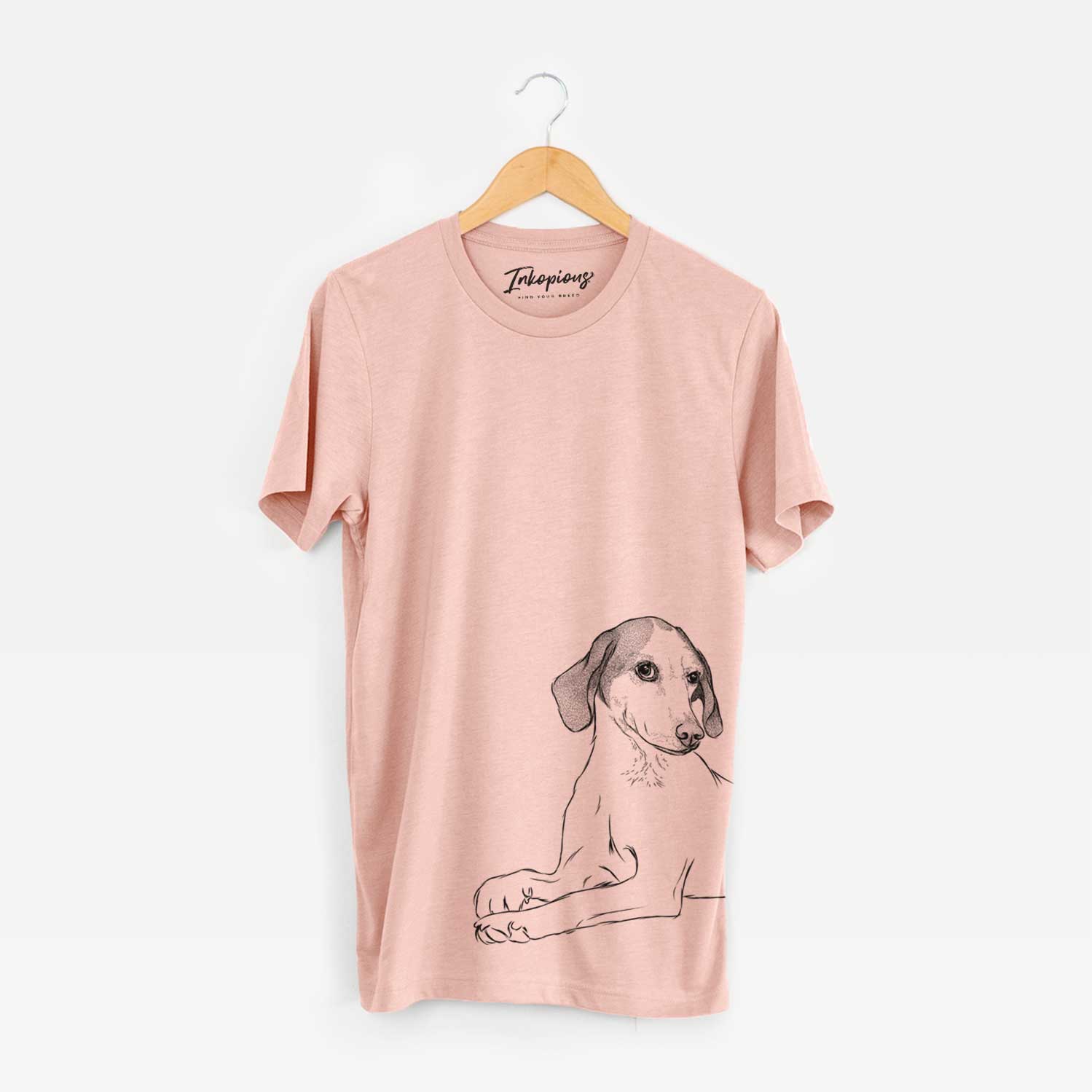 Hand-drawn sketch of Opie the Foxhound on a Peach Unisex crewneck