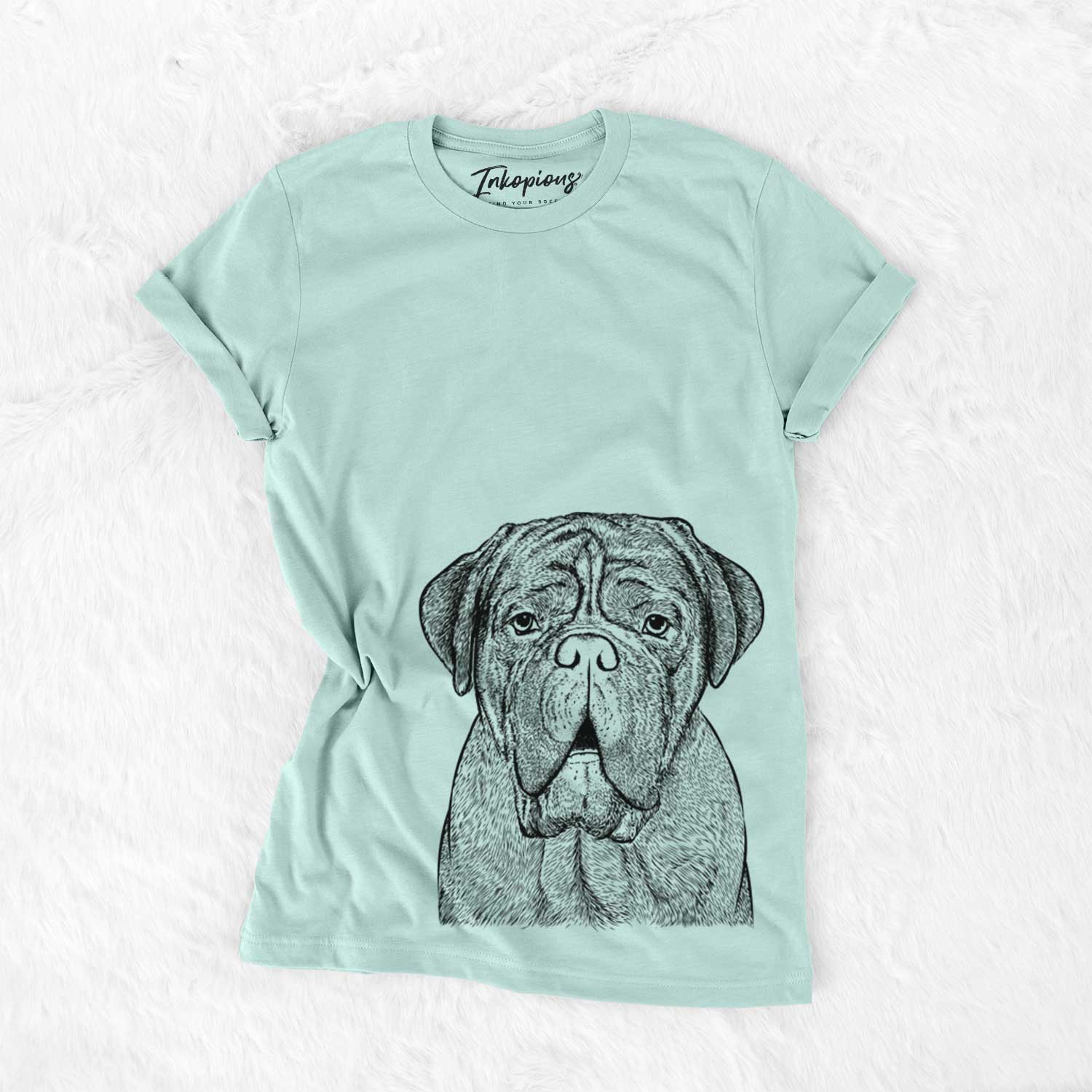 Hand-drawn sketch of Optimus the Dogue de Bordeaux on a Heather Sage Bella Canvas Unisex Crewneck