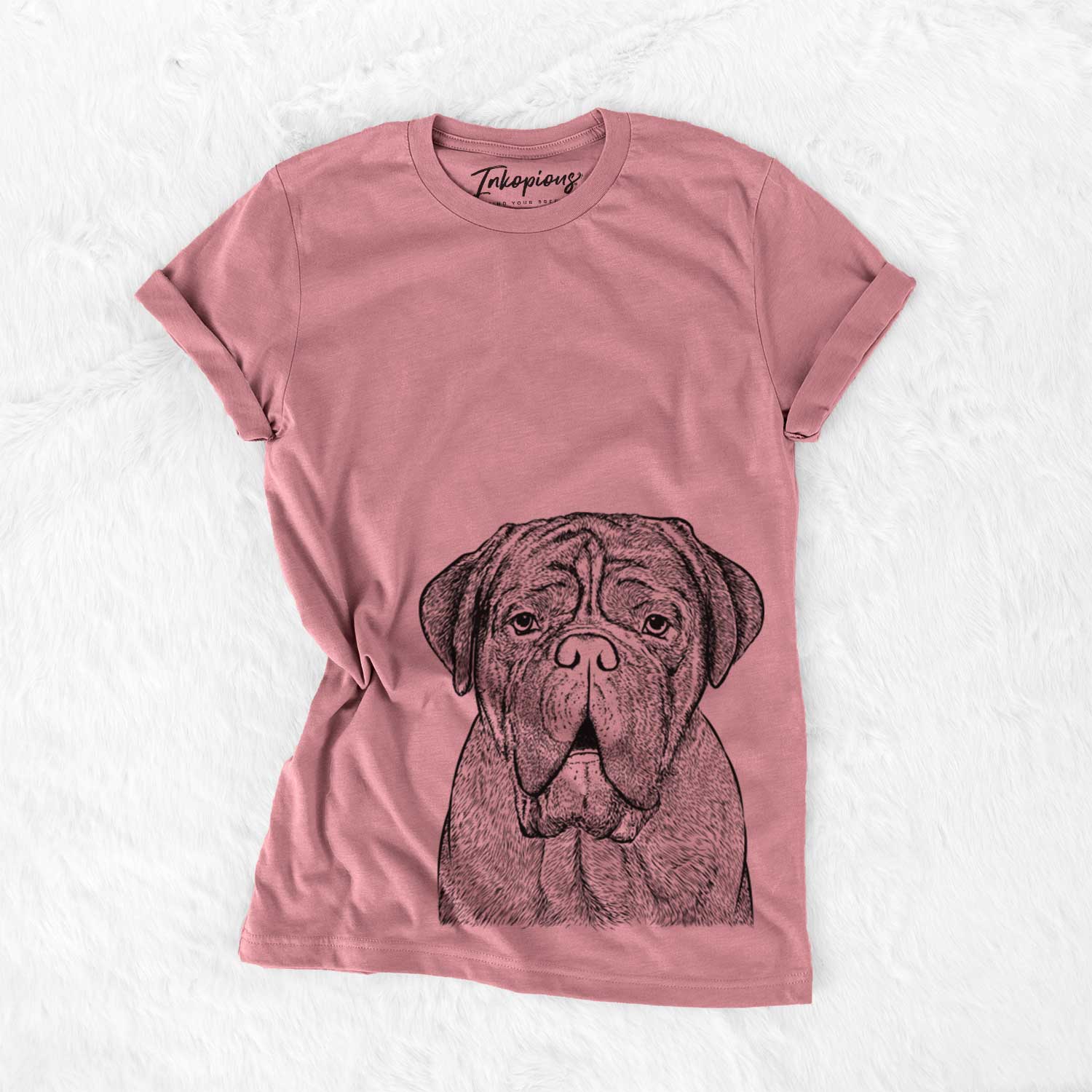 Hand-drawn sketch of Optimus the Dogue de Bordeaux on a Mauve Bella Canvas Unisex Crewneck