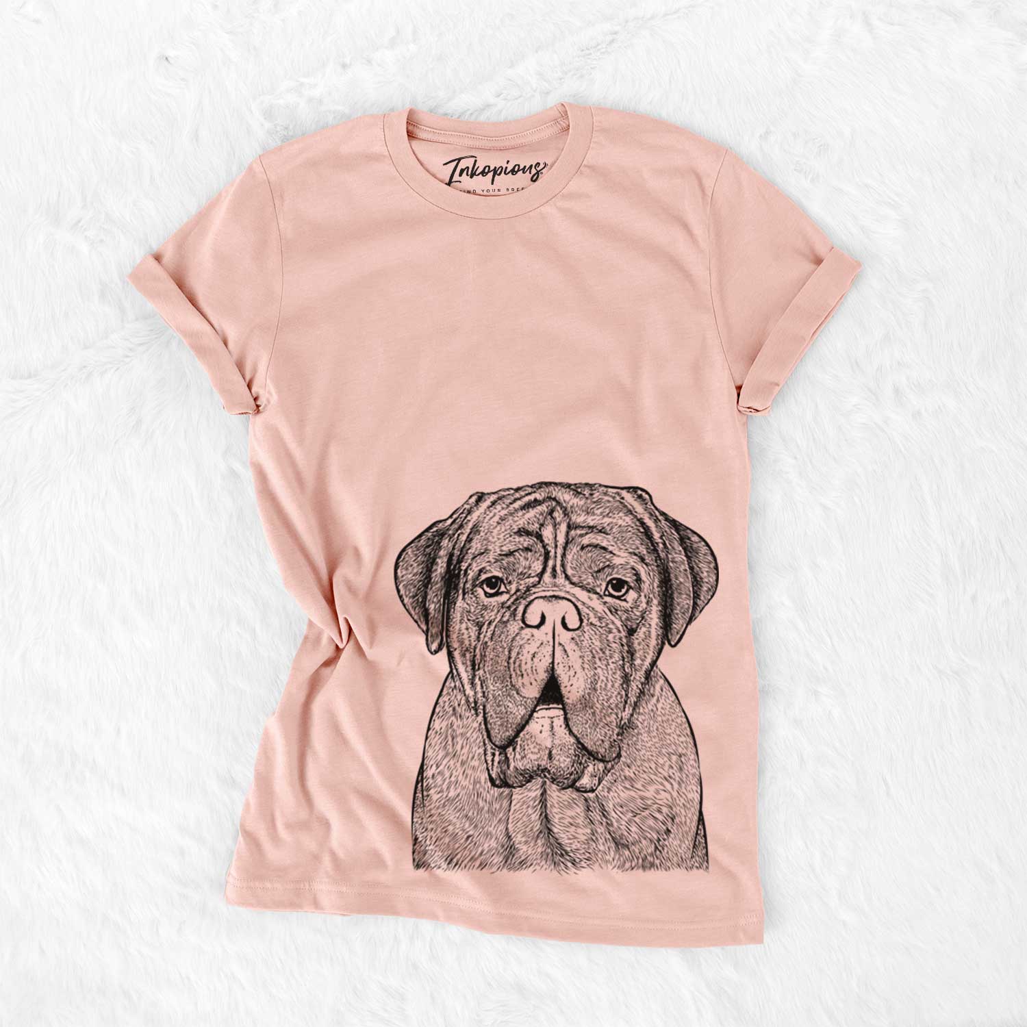 Hand-drawn sketch of Optimus the Dogue de Bordeaux on a Peach Bella Canvas Unisex Crewneck