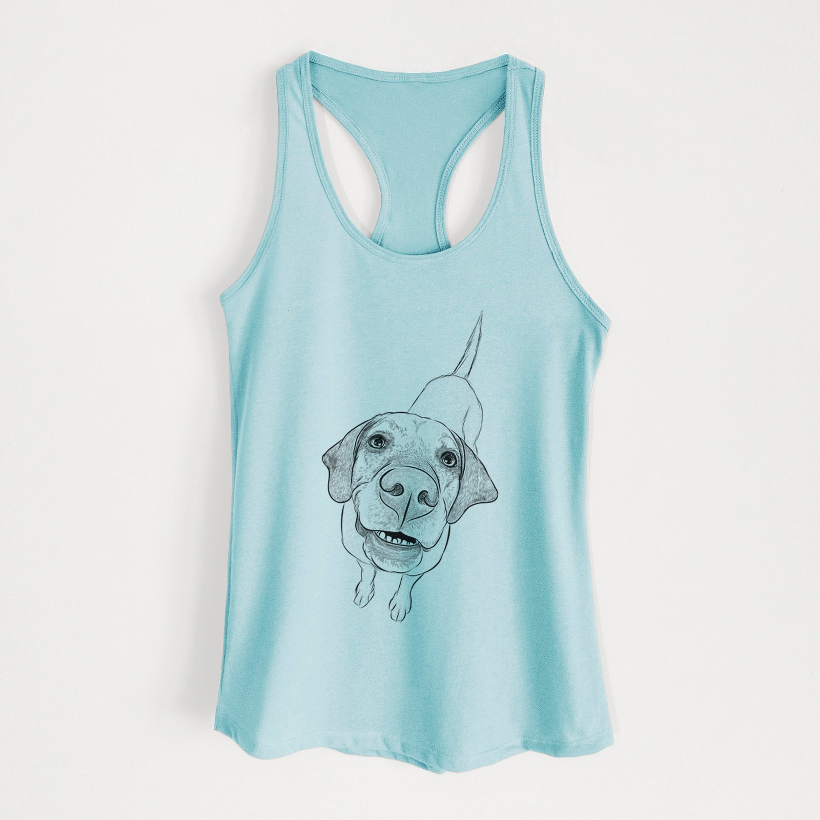 Hand-drawn sketch of Oquirrh the Vizsla on a Cancun Blue Women's racerback tanktop