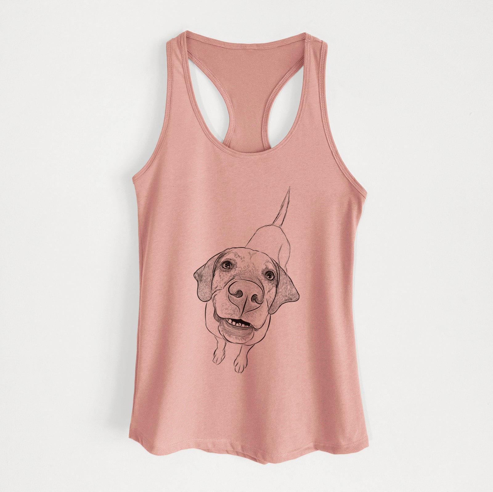 Hand-drawn sketch of Oquirrh the Vizsla on a Desert Pink Women's racerback tanktop