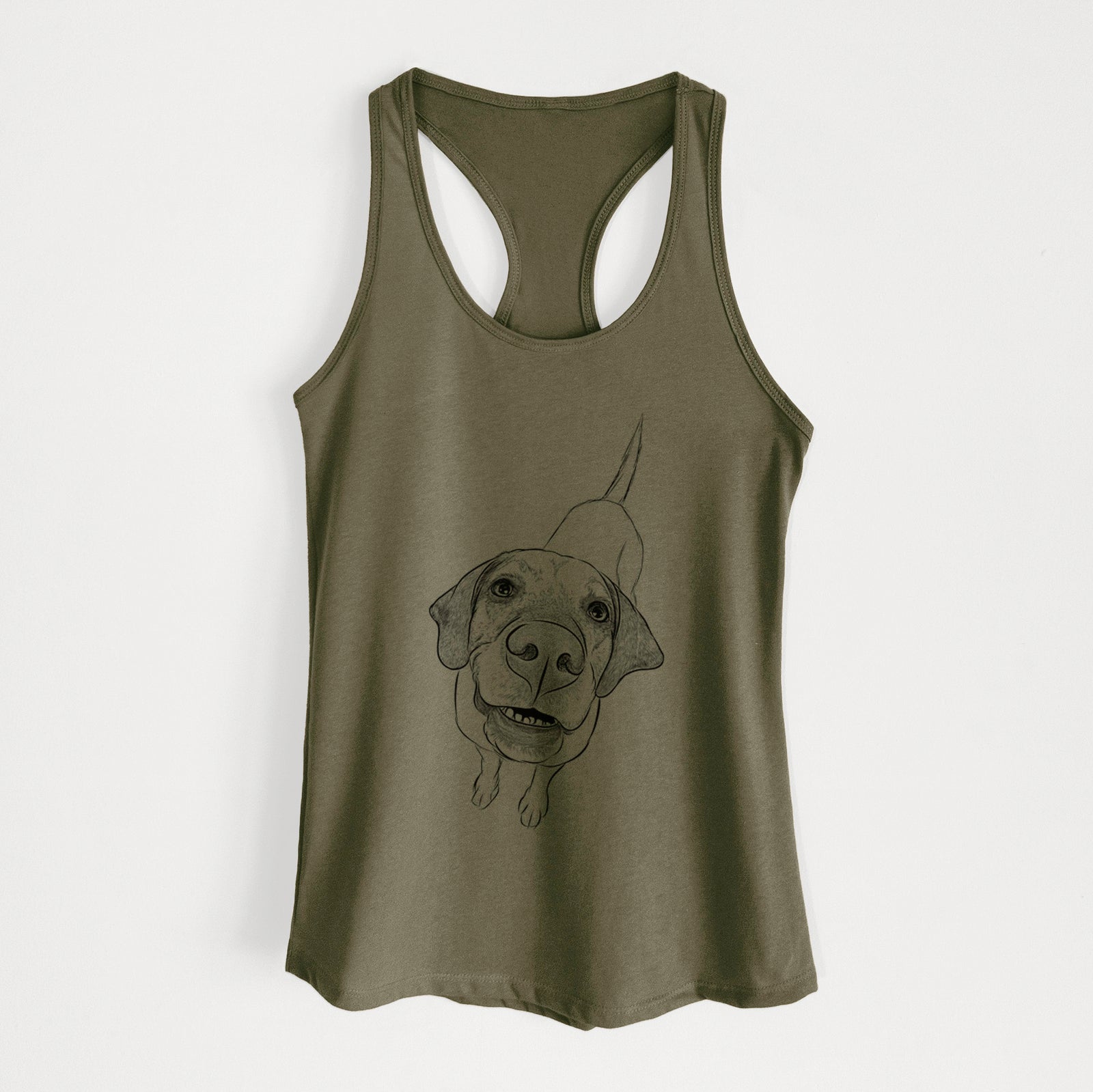 Hand-drawn sketch of Oquirrh the Vizsla on a Military Green Women's racerback tanktop