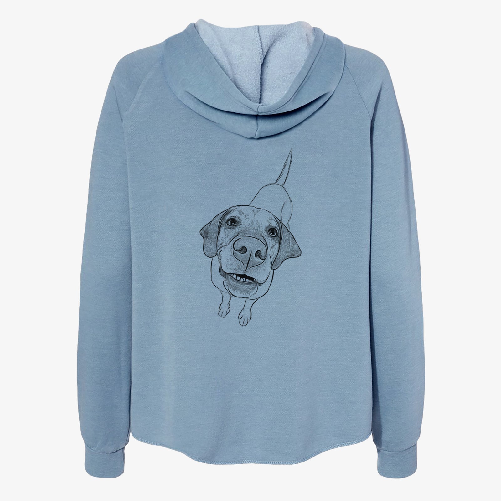 Hand-drawn sketch of Oquirrh the Vizsla on a Misty Blue Women's cali wave zip-up sweatshirt