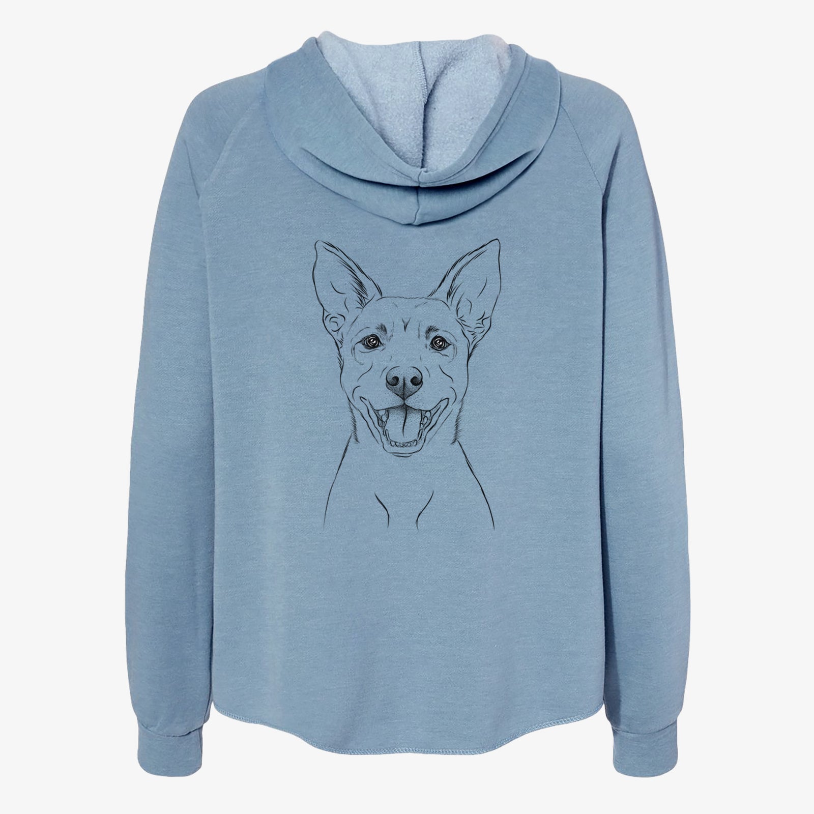 Hand-drawn sketch of Orange the Carolina Dog on a Misty Blue Women's cali wave zip-up sweatshirt