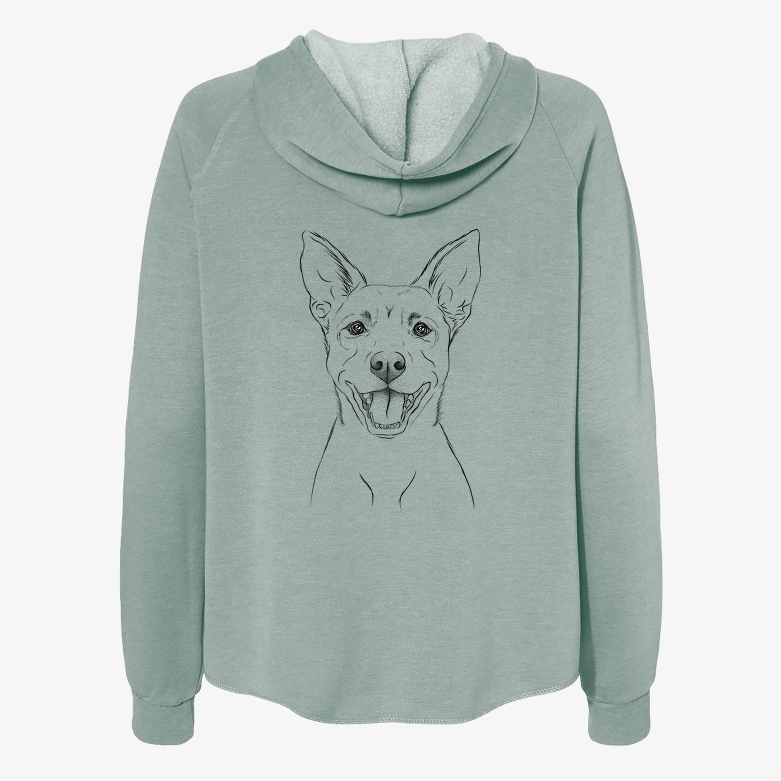 Hand-drawn sketch of Orange the Carolina Dog on a Sage Women's cali wave zip-up sweatshirt