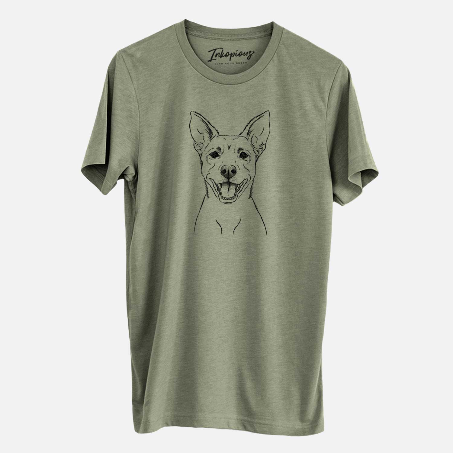 Hand-drawn sketch of Orange the Carolina Dog on an Olive Unisex crewneck