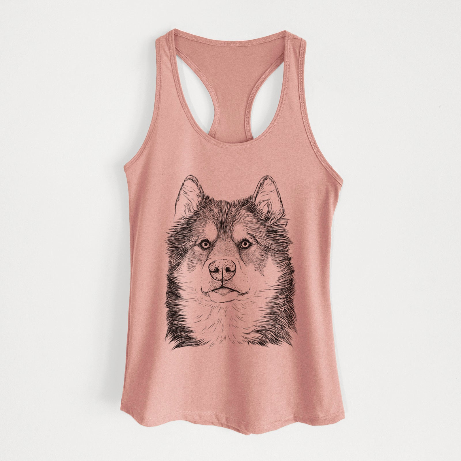 Hand-drawn sketch of Oskar the Canadian Eskimo Dog on a Desert Pink Women's racerback tanktop