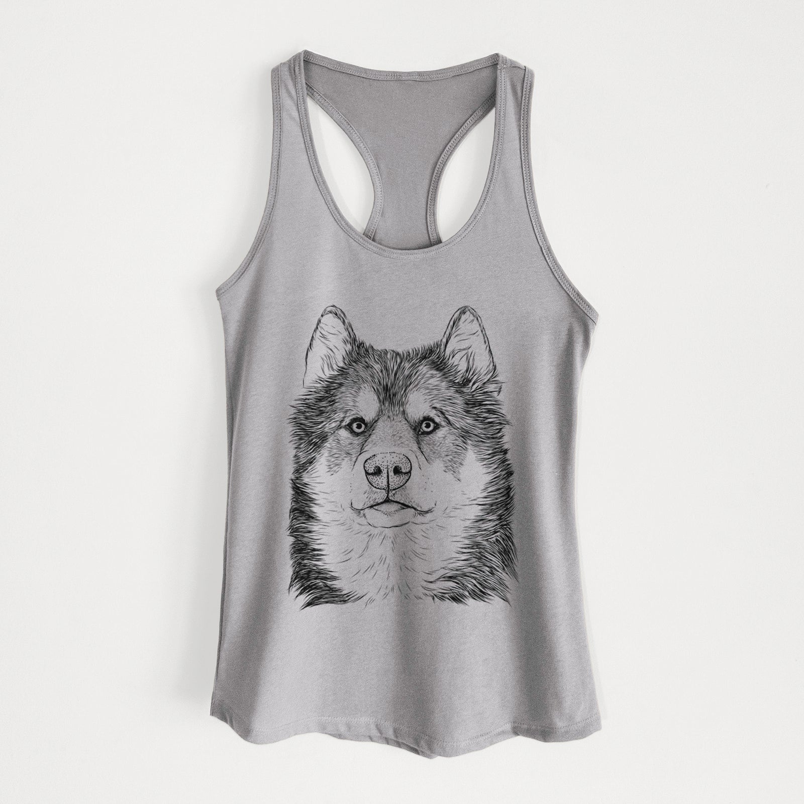 Hand-drawn sketch of Oskar the Canadian Eskimo Dog on a Heather Grey Women's racerback tanktop