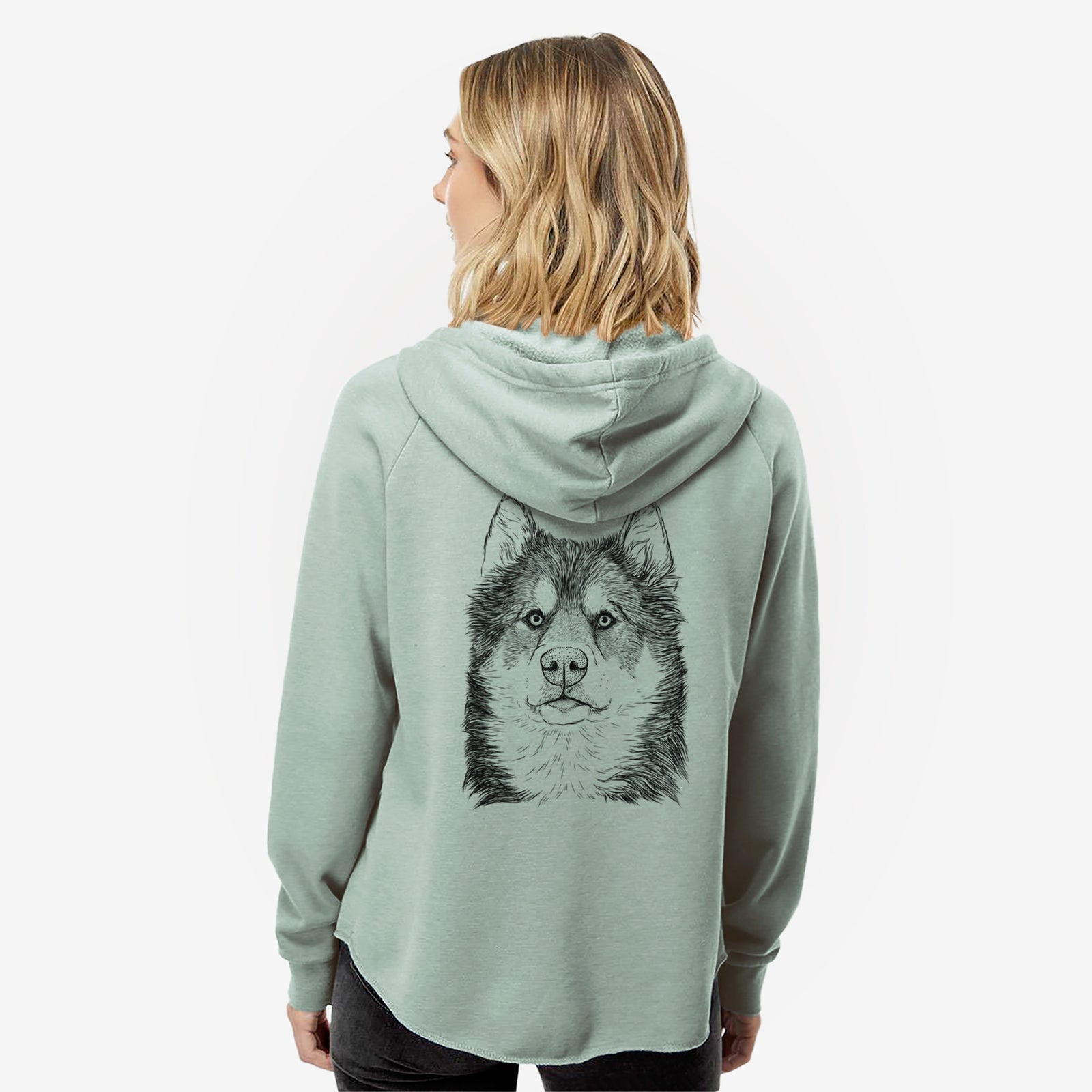 Hand-drawn sketch of Oskar the Canadian Eskimo Dog on a Sage Women's cali wave zip-up sweatshirt
