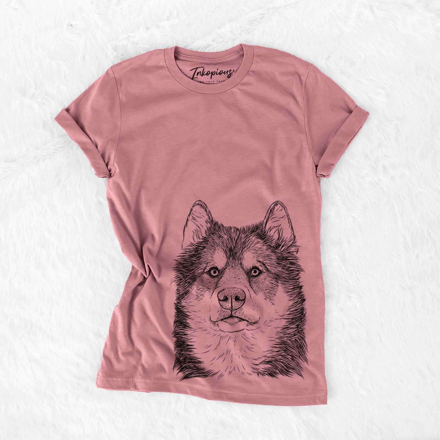 Hand-drawn sketch of Oskar the Canadian Eskimo Dog on a Mauve Bella Canvas Unisex Crewneck