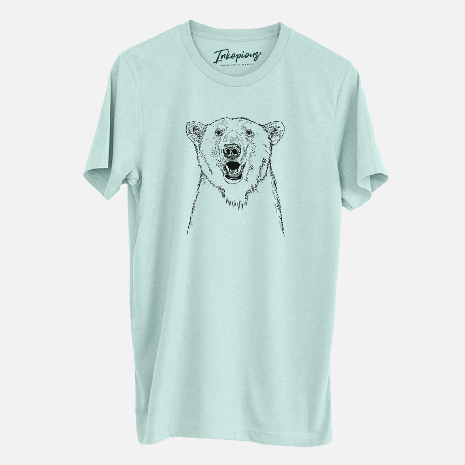 Hand-drawn sketch of Oslo the Polar Bear on a Heather Sage Unisex crewneck