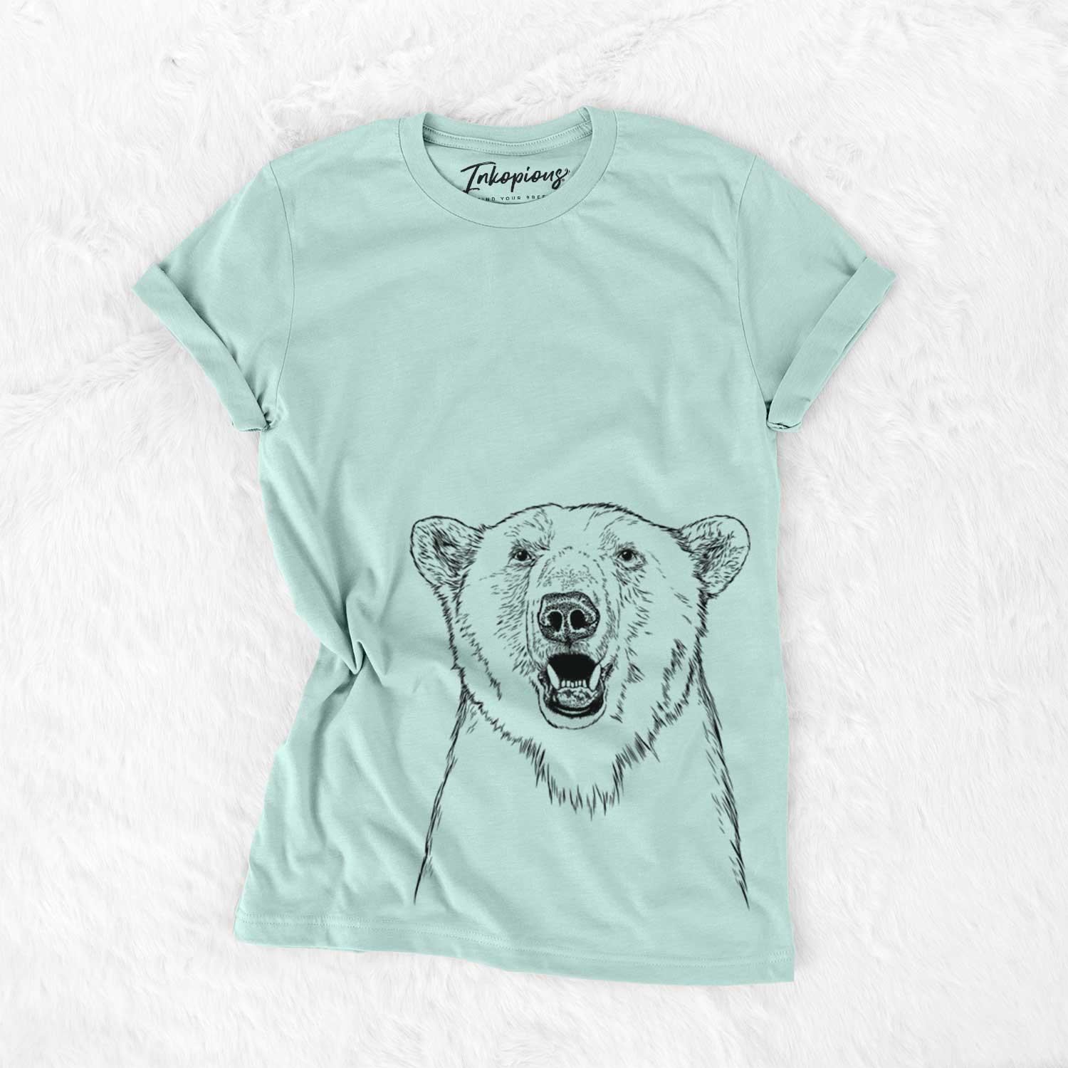 Hand-drawn sketch of Oslo the Polar Bear on a Heather Sage Unisex crewneck