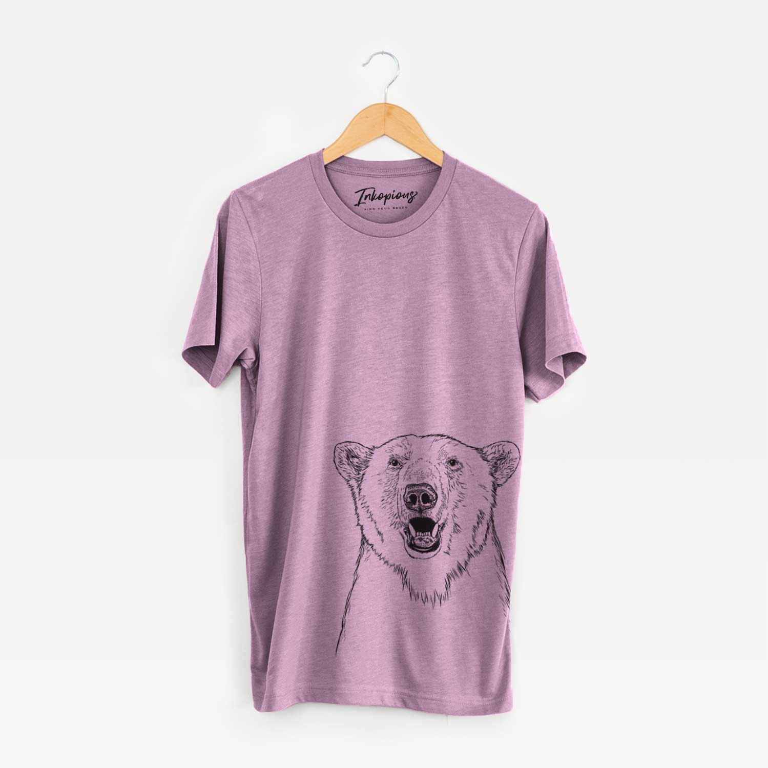 Hand-drawn sketch of Oslo the Polar Bear on an Orchid Unisex crewneck