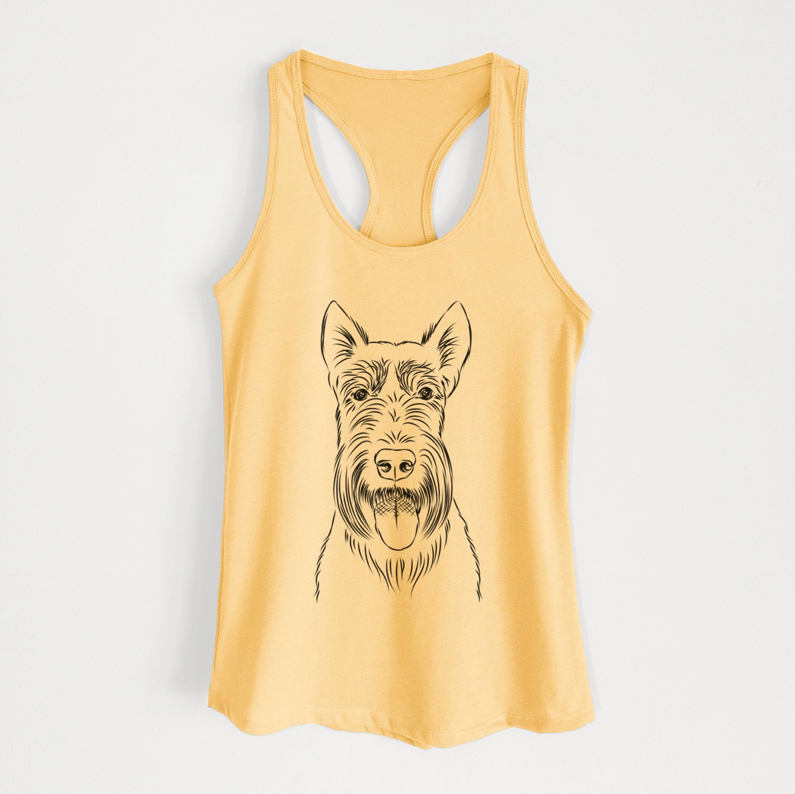 Hand-drawn sketch of Oswald the Scottish Terrier on a Banana Cream Women's racerback tanktop