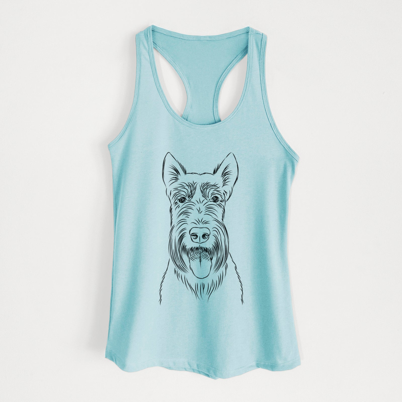 Hand-drawn sketch of Oswald the Scottish Terrier on a Cancun Blue Women's racerback tanktop