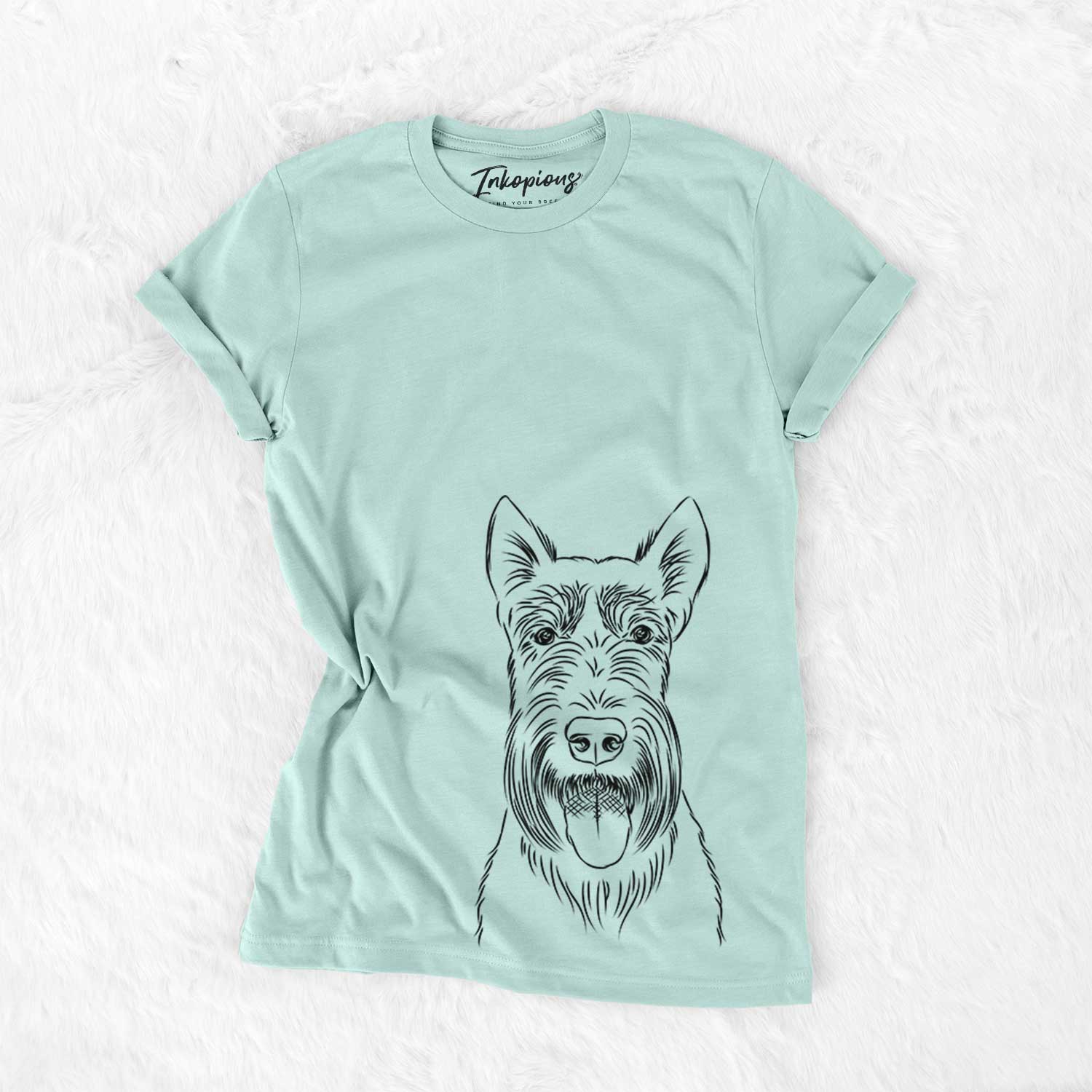 Hand-drawn sketch of Oswald the Scottish Terrier on a Heather Sage Bella Canvas Unisex Crewneck