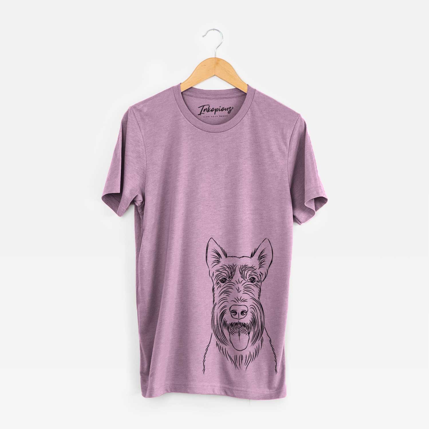 Hand-drawn sketch of Oswald the Scottish Terrier on an Orchid Bella Canvas Unisex Crewneck