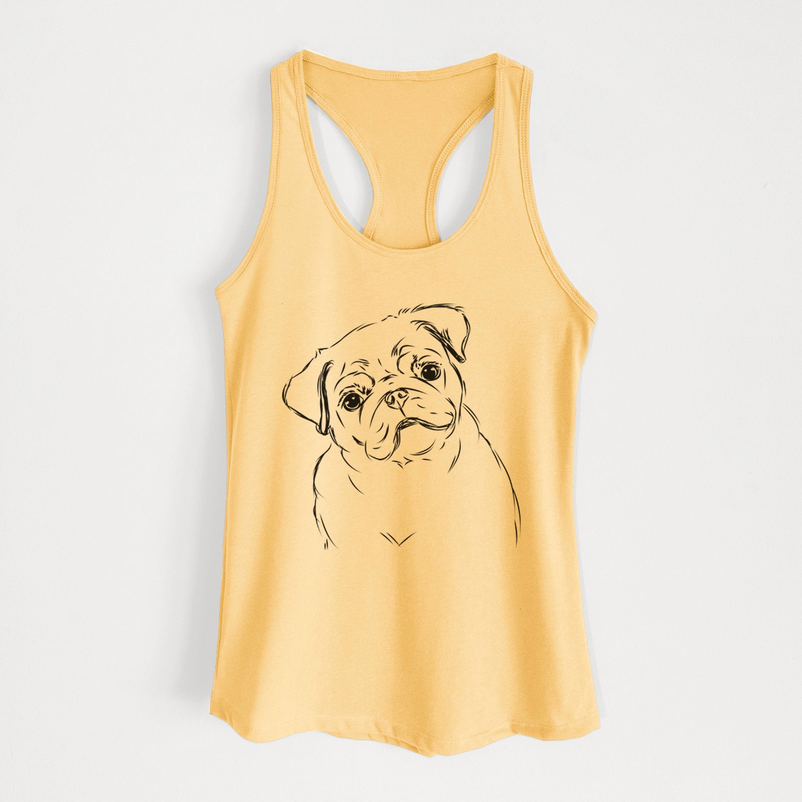Hand-drawn sketch of Otis the Pug on a Banana Cream Women's racerback tanktop