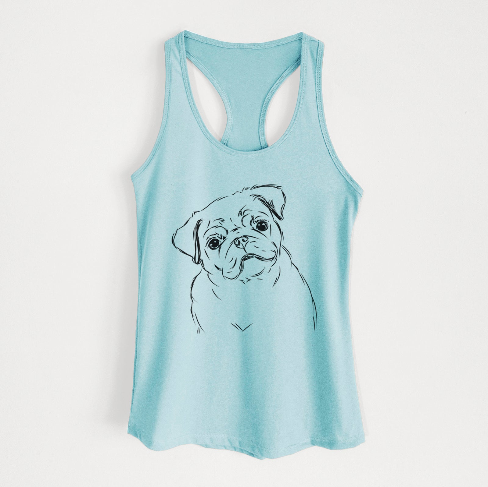 Hand-drawn sketch of Otis the Pug on a Cancun Blue Women's racerback tanktop