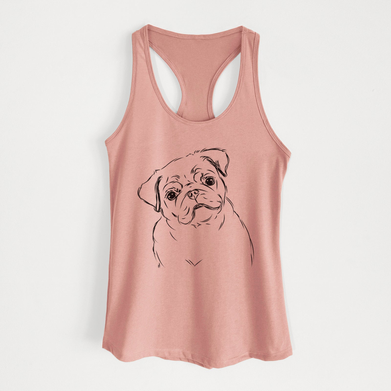 Hand-drawn sketch of Otis the Pug on a Desert Pink Women's racerback tanktop