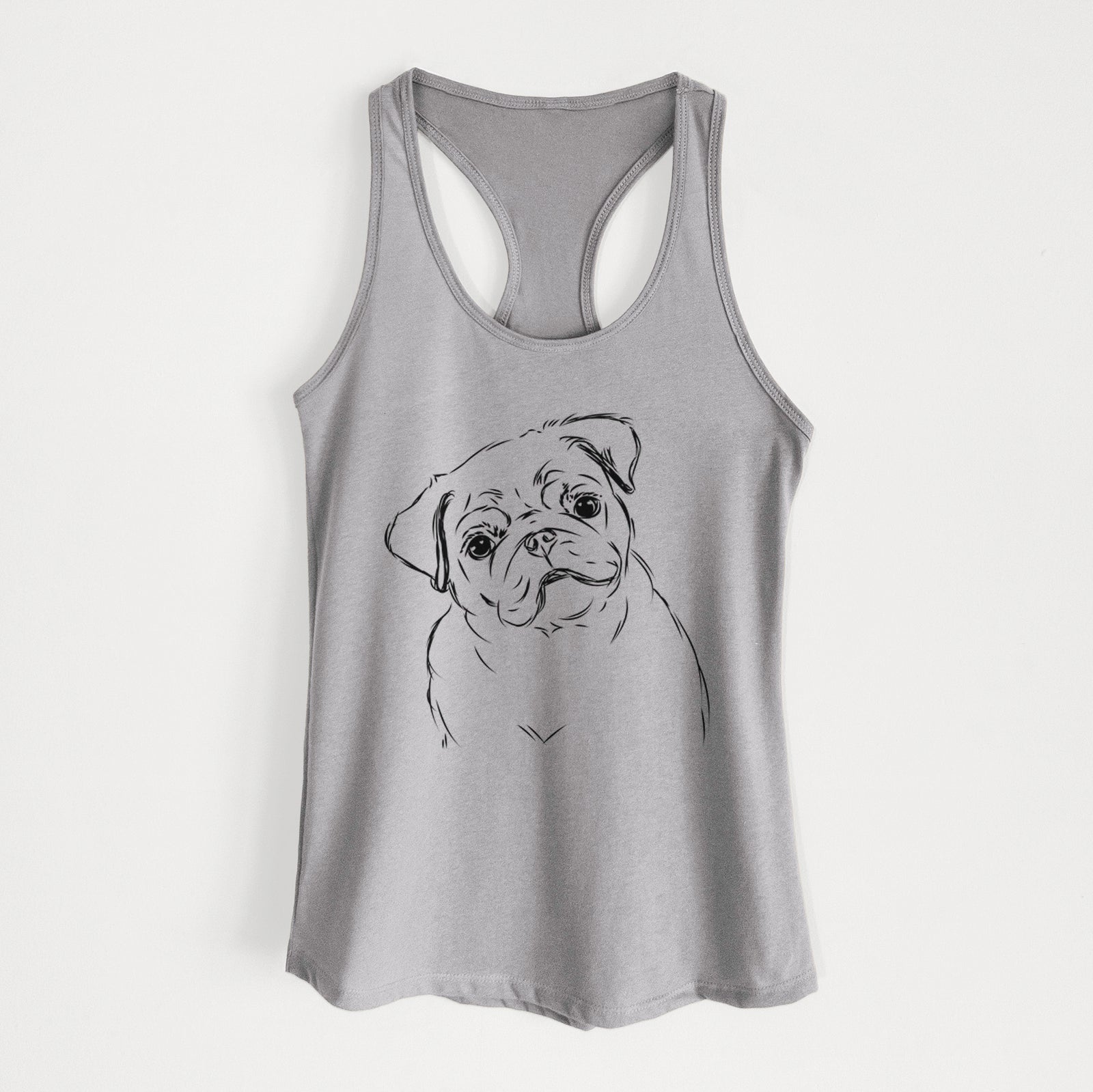 Hand-drawn sketch of Otis the Pug on a Heather Grey Women's racerback tanktop