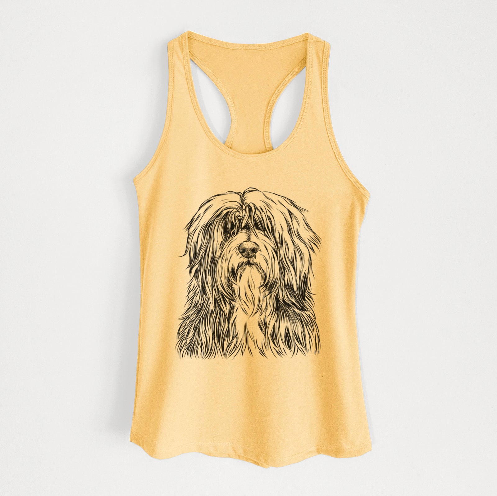 Hand-drawn sketch of Otto the Polish Lowland Sheepdog on a Banana Cream Women's racerback tanktop