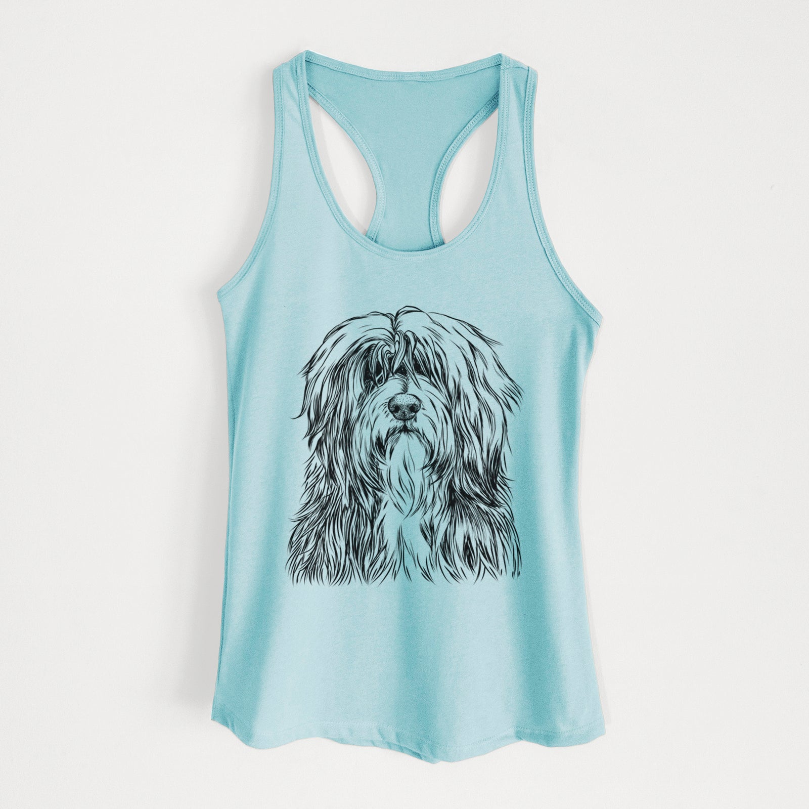 Hand-drawn sketch of Otto the Polish Lowland Sheepdog on a Cancun Blue Women's racerback tanktop